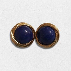 Trifari Signed Earrings Cabochon Stone Enamel Centerpiece Goldtone/Blue Women's